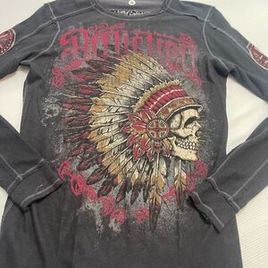 Affliction Y2K Reversible Thermal Shirt Goth Emo Skull Indian Live Fast Sz Small